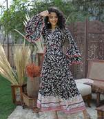 Black Rayon Floral Print Flared Dress With Tie-Up Dori & Mask