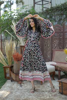 Black Rayon Floral Print Flared Dress With Tie-Up Dori & Mask 3