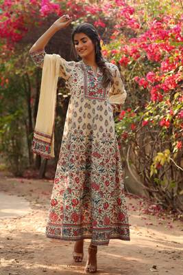 Beige Cambric Printed Flared Dress Dupatta Set with Mask 1