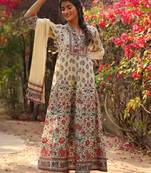 Beige Cambric Printed Flared Dress Dupatta Set with Mask
