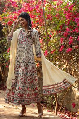 Beige Cambric Printed Flared Dress Dupatta Set with Mask 2