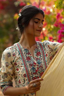Beige Cambric Printed Flared Dress Dupatta Set with Mask 5