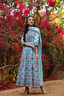 Blue Cambric Printed Flared Dress Dupatta Set with Mask 1
