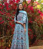 Blue Cambric Printed Flared Dress Dupatta Set with Mask