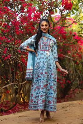 Blue Cambric Printed Flared Dress Dupatta Set with Mask 2