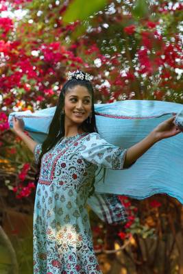 Blue Cambric Printed Flared Dress Dupatta Set with Mask 3