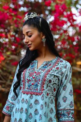 Blue Cambric Printed Flared Dress Dupatta Set with Mask 4