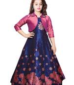 Navy Blue and Pink  Taffeta Silk Jacket Style Digital Printed ReadyMade Gown Dress For Girls