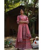 Peach Cambric Printed Straight Kurta Palazzo Dupatta Set with Mask