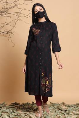 Black Rayon Slub Ikat Printed A-Line Kurta Side Pocket & Mask 1