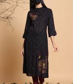 Black Rayon Slub Ikat Printed A-Line Kurta Side Pocket & Mask