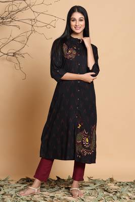 Black Rayon Slub Ikat Printed A-Line Kurta Side Pocket & Mask 2
