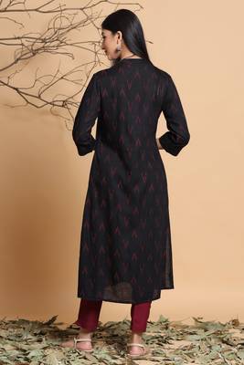 Black Rayon Slub Ikat Printed A-Line Kurta Side Pocket & Mask 3