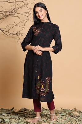 Black Rayon Slub Ikat Printed A-Line Kurta Side Pocket & Mask 4