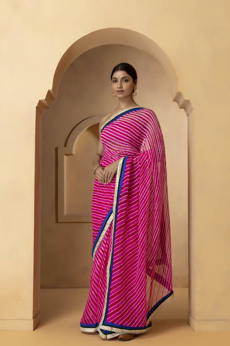 Geroo Jaipur Pink & Blue Leheriya Gotta Patti Pure Georgette Leheriya Saree