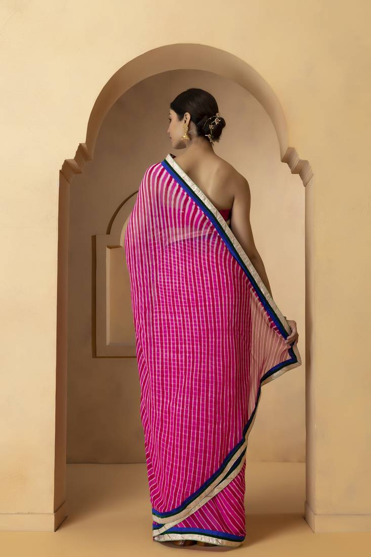 Geroo Jaipur Pink & Blue Leheriya Gotta Patti Pure Georgette Leheriya Saree