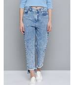 Blue High Low Pearl Detail Mom Jeans
