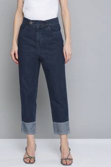 Navy Contrast Detail At Hem Slouchy Jeans