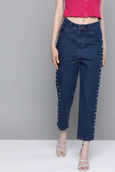 Navy Side Pearl Detail Slouchy Jeans