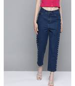 Navy Side Pearl Detail Slouchy Jeans