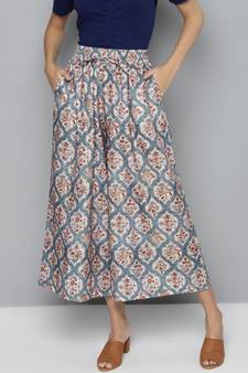 Blue & Beige Floral Drawstring Wide Leg Pants