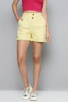 Yellow Side Button Twill Shorts