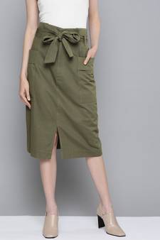 Olive Paper Bag Waist Twill Skirt