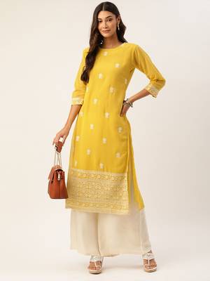 Yellow embroidered polyester kurtas-and-kurtis 4