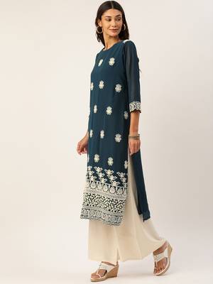 Blue embroidered polyester kurtas-and-kurtis 3