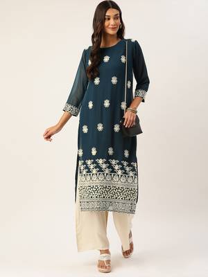 Blue embroidered polyester kurtas-and-kurtis 4