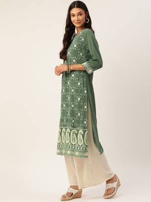 Green embroidered polyester kurtas-and-kurtis 3