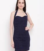 Navy blue plain jacquard short-dresses