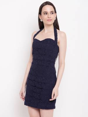 Navy blue plain jacquard short dresses 3