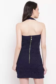 Navy blue plain jacquard short dresses