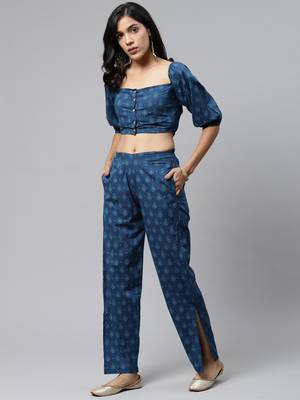 Teal blue printed cotton long-dresses 1
