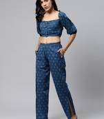 Teal blue printed cotton long-dresses