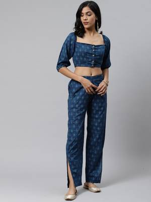 Teal blue printed cotton long-dresses 2