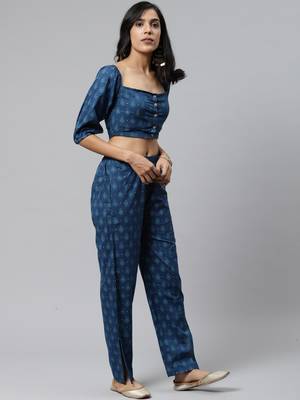 Teal blue printed cotton long-dresses 3