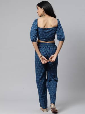 Teal blue printed cotton long-dresses 4
