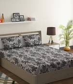 Cotton Blend 120 TC Floral Double Bed Sheet with 2 Pillow Covers  Beige Black