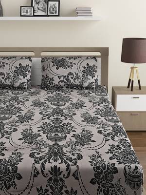 Cotton Blend 120 TC Floral Double Bed Sheet with 2 Pillow Covers  Beige Black 2