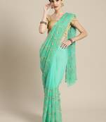 Sea green embroidered pure chiffon saree with blouse