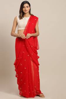 Geroo Jaipur Red embroidered chiffon saree with blouse