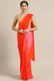 Orange embroidered pure chiffon saree with blouse