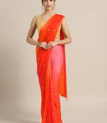 Orange embroidered pure chiffon saree with blouse