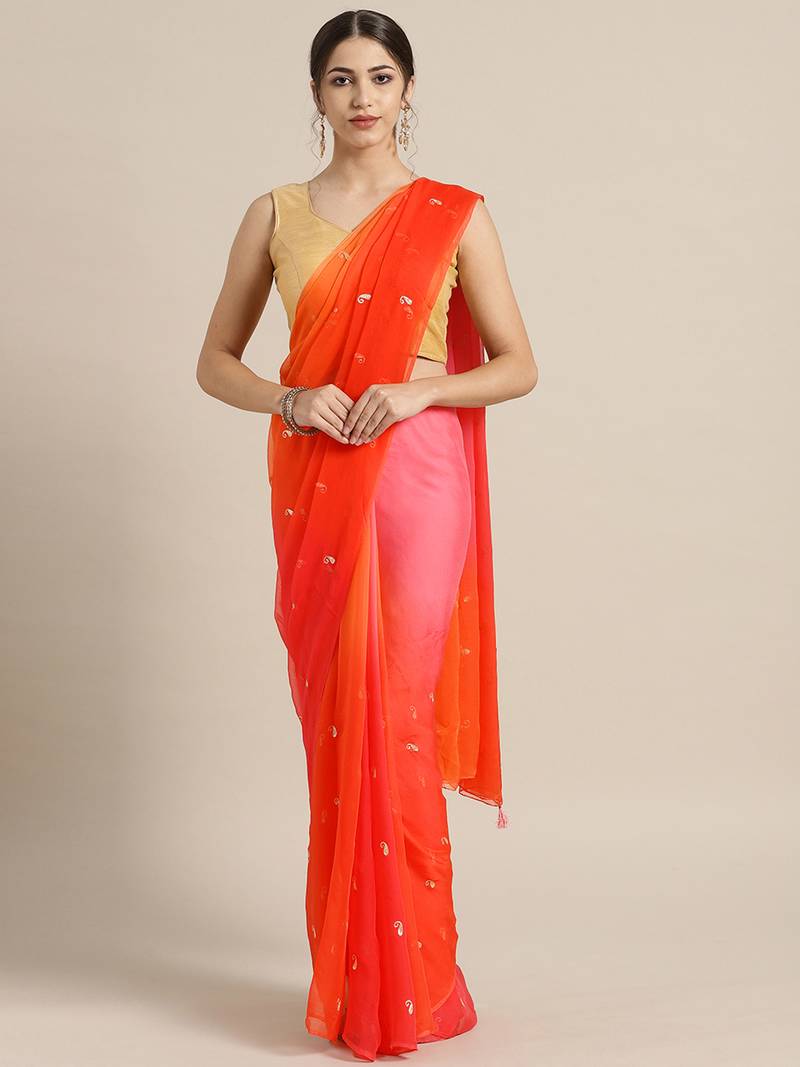 Orange embroidered pure chiffon saree with blouse