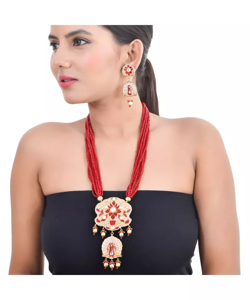 Carnation Pink & Maroon peacock style Necklace Set