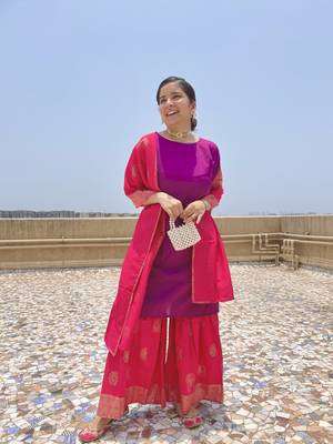 Purple plain polyester kurti with gharara bottom and dupatta 6