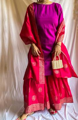 Purple plain polyester kurti with gharara bottom and dupatta 7