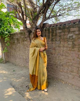 Beige Woven Cotton Silk Saree With Blouse 6